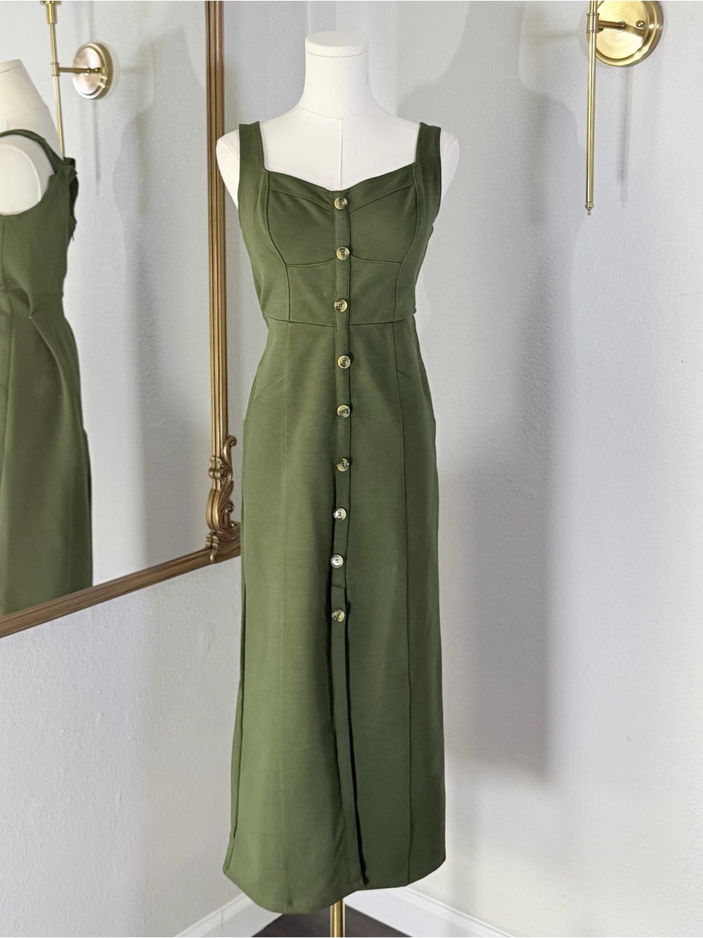 Maeve by Anthropologie Olive Green Button Front Bustier Midi Dress Sz 6